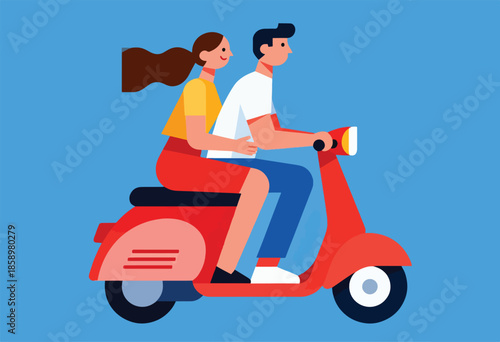Couple happily riding a red scooter together