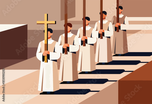Clerics in robes holding crosses ascend steps in a geometric, religious building