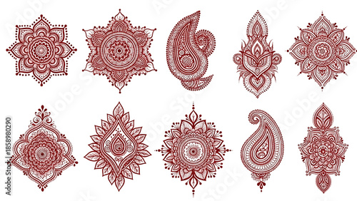 Henna tattoos ink sketch vector set. Floral leaves stems ornamental pattern skin maroon red temporary tattoo illustrations isolated on transparent background