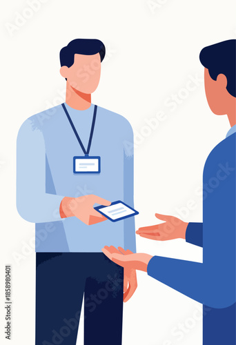 Two men interact; one with a badge gives a small card to the other