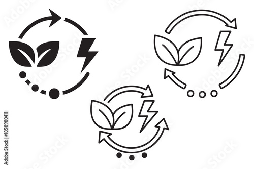 eco friendly icons with leaves and lightning bolts in circular arrows  sustainable energy symbols