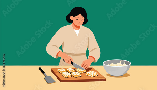 Person preparing food on a cutting board with a knife and spatula, plus a bowl