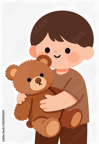 A smiling child hugs a plush teddy bear