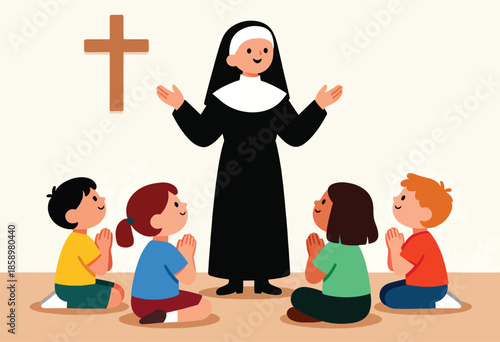 Nun leads children in prayer before a cross