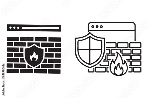 black and white illustrations of computer firewall and network protection  cybersecurity concept