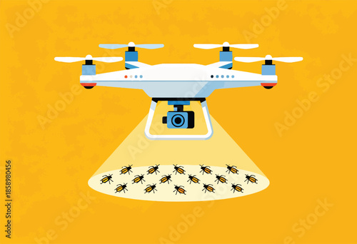 A white drone with a camera inspects a swarm of insects on a bright yellow background