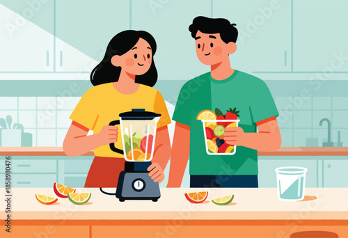 Couple preparing fresh fruit smoothies with blender, fruit bowl, and glass of water