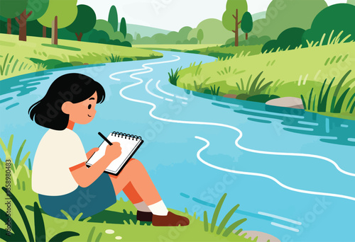 Person sketching by a winding river surrounded by lush green landscape