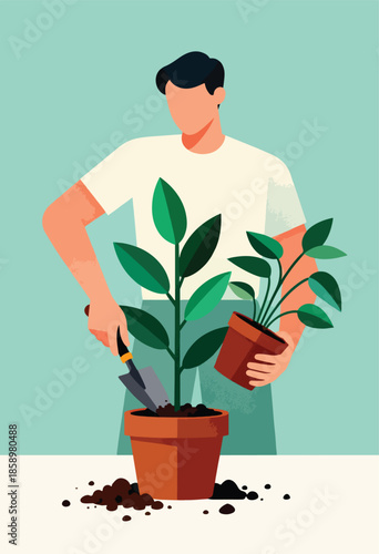 Person repotting a houseplant with a trowel and soil