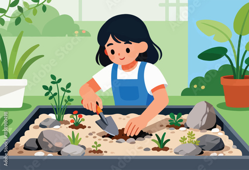 A child with dark hair in a blue apron digs in a planter with small plants and rocks