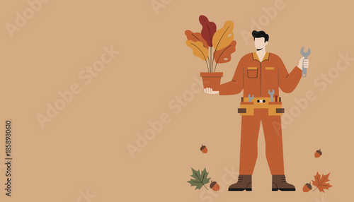 Professional worker with tools and fall potted plant illustration on a brown background
