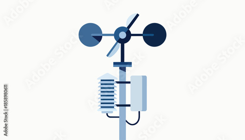 A weather station with an anemometer, wind vane, and thermometer shelter
