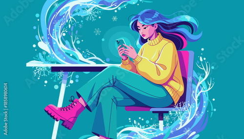 Stylish woman using phone at desk surrounded by winter ice and snowflakes
