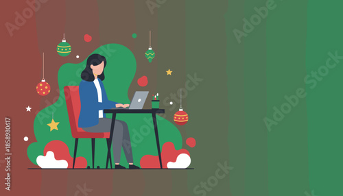 Businesswoman works on laptop surrounded by festive Christmas holiday decorations