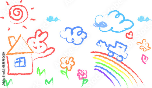Children's doodles, hand-painted background.
Children's Day, children's doodles,
crayon and colored pencil graffiti.
