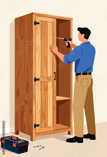 Man assembles wooden cabinet with a drill and toolbox