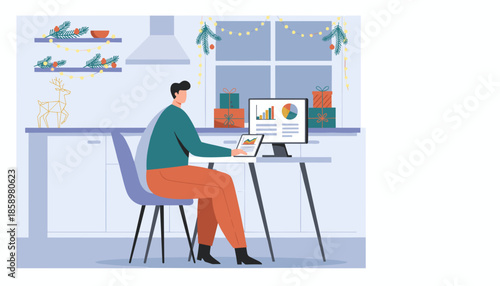Seasonal remote work Man analyzing digital charts in a festive decorated kitchen
