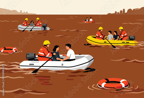 Rescuers in boats navigate muddy waters, aiding civilians in a flood relief operation