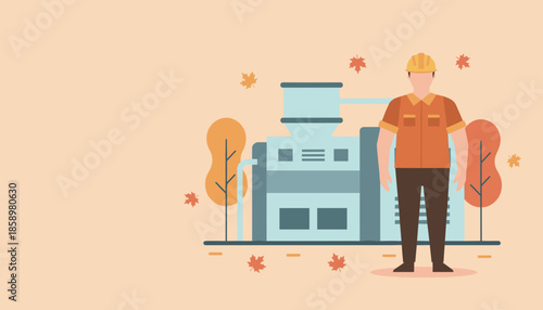 Manufacturing worker in safety helmet standing by an industrial plant in warm autumn colors