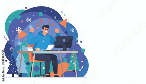 Stress and anger at work during winter Man frustrated at his computer desk