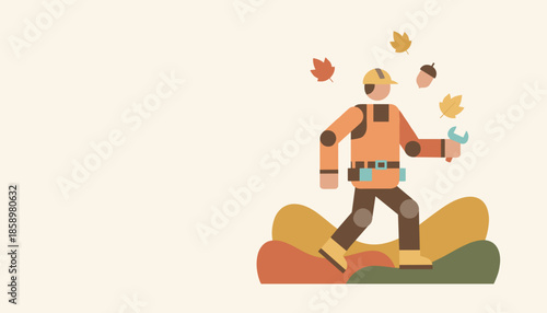 Flat illustration of a tradesman walking with a wrench amidst falling autumn leaves representing seasonal maintenance