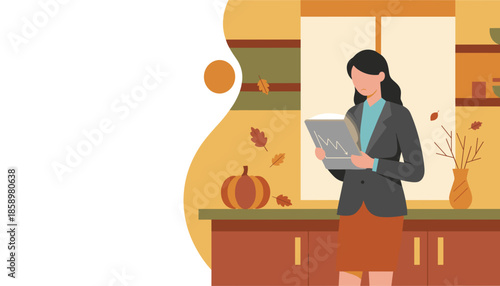 Concerned executive sees falling data graph on tablet during autumn season