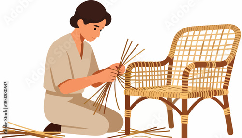 Weaver meticulously crafts a wicker chair using natural reeds