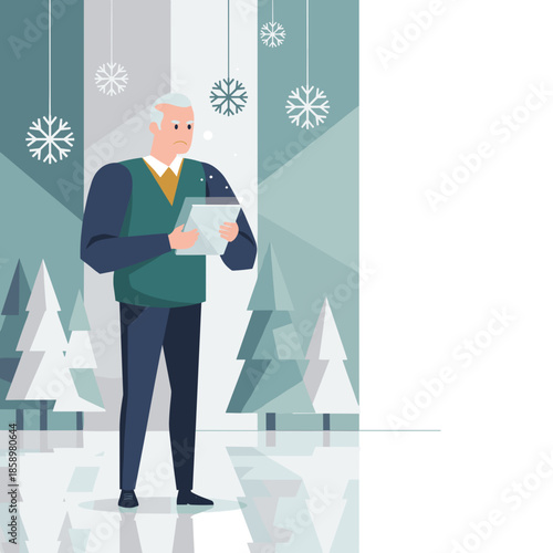 Pensive senior man using a tablet outdoors in a stylized winter scene with snowflakes and trees