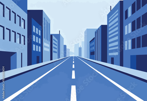 Perspective view down a blue city street with buildings flanking the road