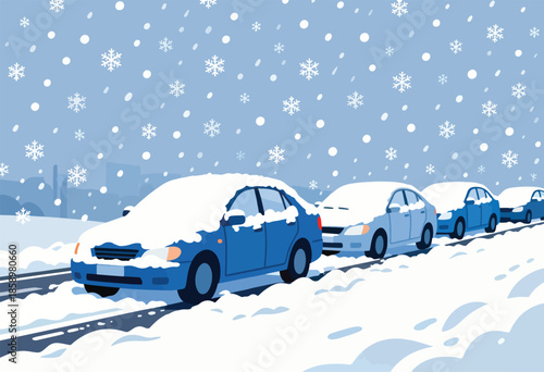 Cars parked on a snowy road with falling snowflakes