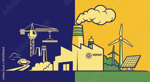 Heavy industry pollution contrasted with sustainable energy solutions solar panels wind turbines and eco production