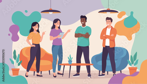 Diverse team meeting in a modern creative office discussing business and technology