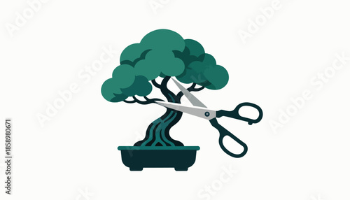 Stylized bonsai tree with scissors trimming leaves