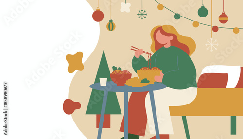 Festive winter meal Woman eating ramen with chopsticks decorated for Christmas Copy space