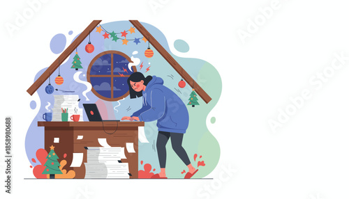 Deadline stress during holidays Frustrated woman working late in a messy attic home office