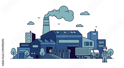 Factory and logistics scene with industrial worker and shipping truck Manufacturing and supply chain