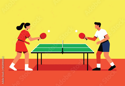 Two figures play table tennis with rackets and balls on a green table