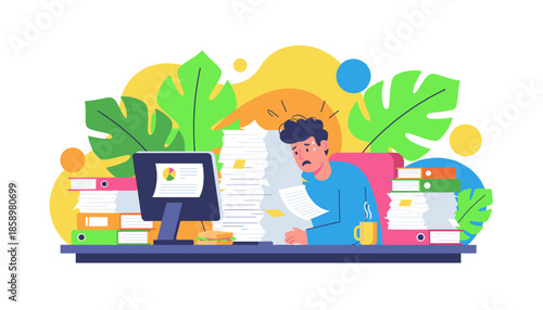 Overwhelmed employee buried under piles of paperwork symbolizing stress workload and burnout