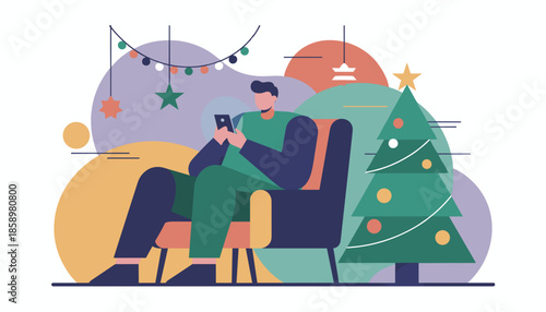 Cozy holiday evening Man uses smartphone while sitting near a decorated Christmas tree