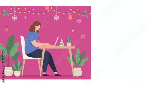 Remote worker uses laptop in a festive winter home office decorated with lights and plants