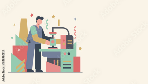 Factory worker operating modern machinery Manufacturing industry and innovation flat illustration