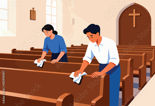 Two people diligently clean church pews with cloths, preparing the space