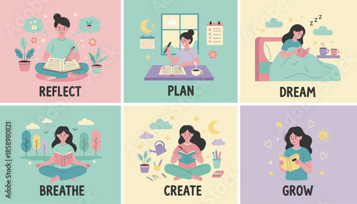 Woman reflecting planning dreaming meditating creating and growing Daily selfcare and personal development activities