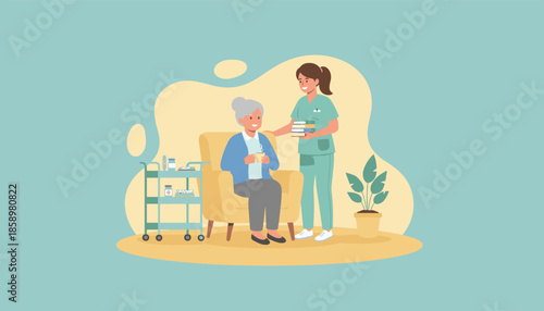 Nurse providing assistance and comfort to an elderly patient in a cozy room