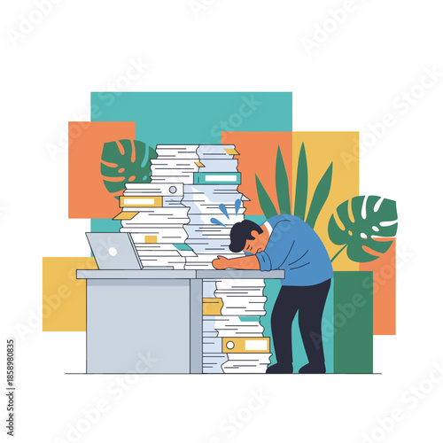 Overwhelmed worker sleeping on his desk buried under a massive pile of paperwork Stress and burnout illustration