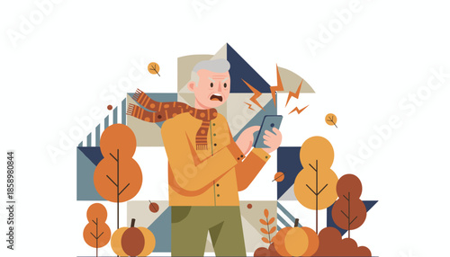 Angry senior man holding a frustrating smartphone in an autumn setting Tech problems concept