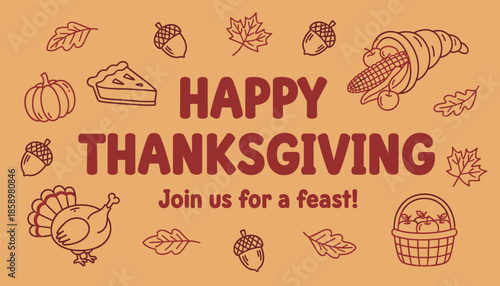 Retro Happy Thanksgiving banner with festive turkey pumpkin pie and harvest elements