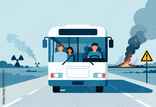 People in a bus drive past environmental hazards like radiation and fire