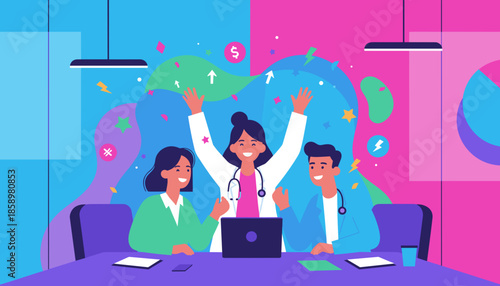Doctor and professional team celebrate business success in a vibrant collaborative office meeting