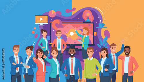 Diverse business team standing together with data visualization and charts Collaboration concept